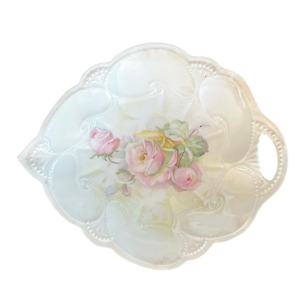Vintage Germany Porcelain Nappy Dish White Floral Rose Luster‎ Heart Cottagecore